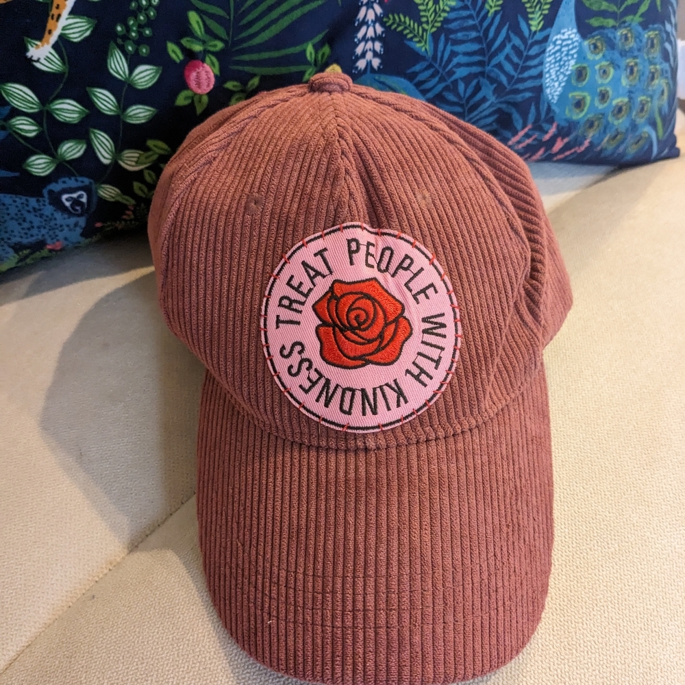Handmade Hat, "Be Kind" maroon corduroy, unisex $20